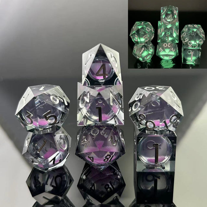 Sharp Edge Glow in the Dark Liquid Core RPG Dice Set - Violet Glimmer