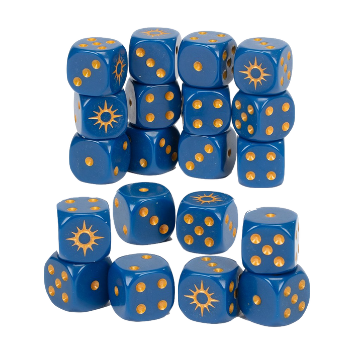 An image of 20 6-sided dice which are coloured blue with orange-gold dots on the faces to represent number values 1-5. The 6 value is instead shown as a sun symbol in the same orange color.