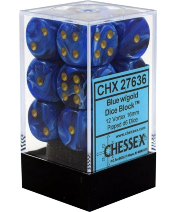 CHX 27636 Vortex Blue/Gold 16mm d6 Dice Block (12 DIce)