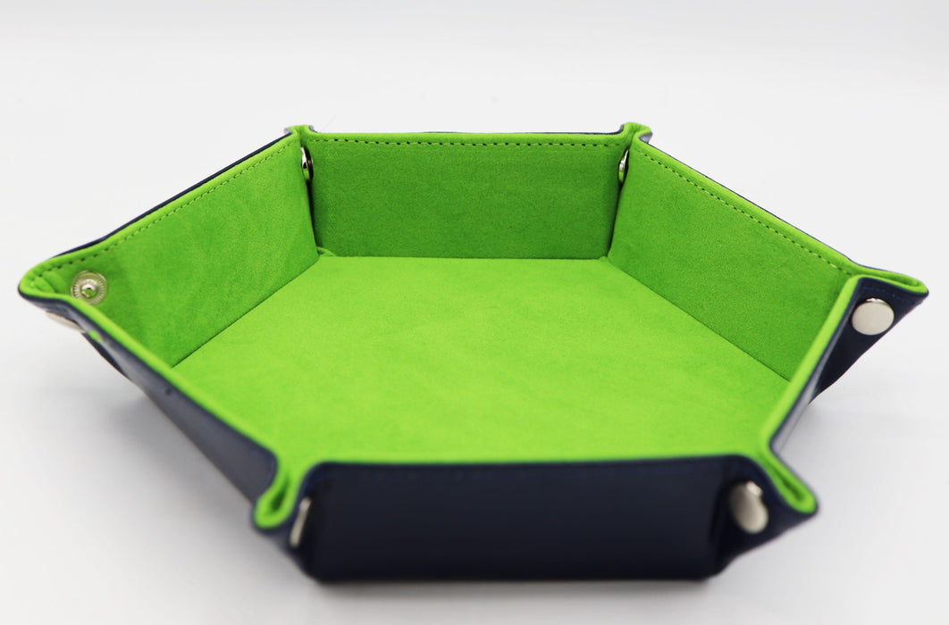 Leatherette and Velvet Hex Dice Tray (Navy with Lime)